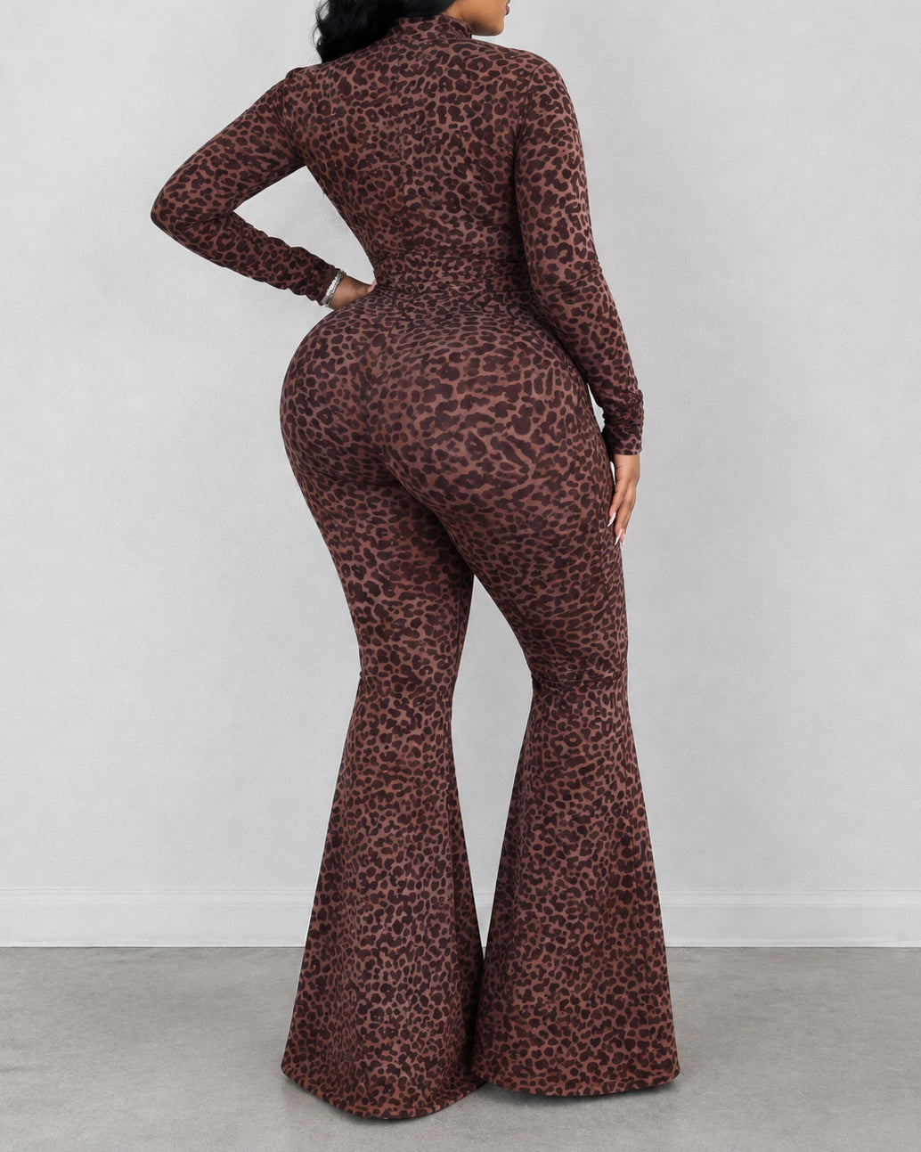 Women Leopard Print Long Sleeve Half Zip High Neck Jumpsuit