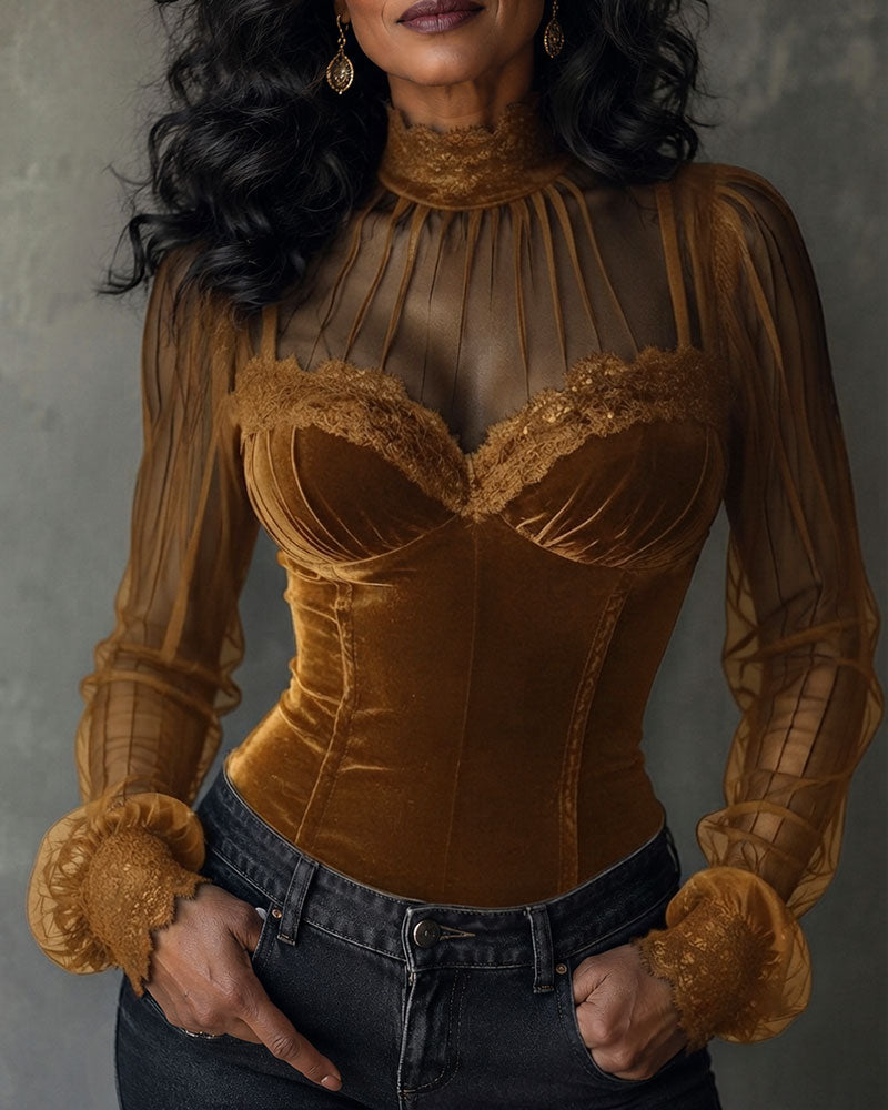 Mesh Lace Spliced Flared Sleeve Waist-Cinched Top