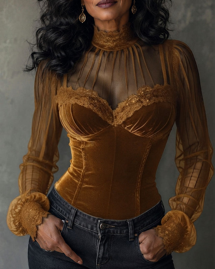 Mesh Lace Spliced Flared Sleeve Waist-Cinched Top