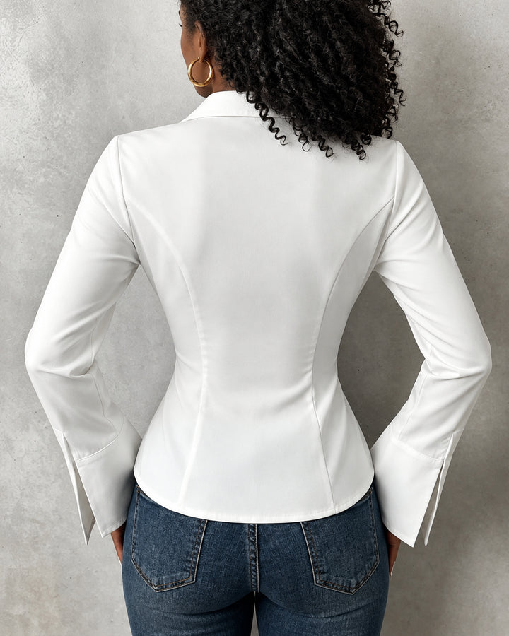 Women Point Collar Fitted Deep V Flare Sleeve Tailored Waist Shirt