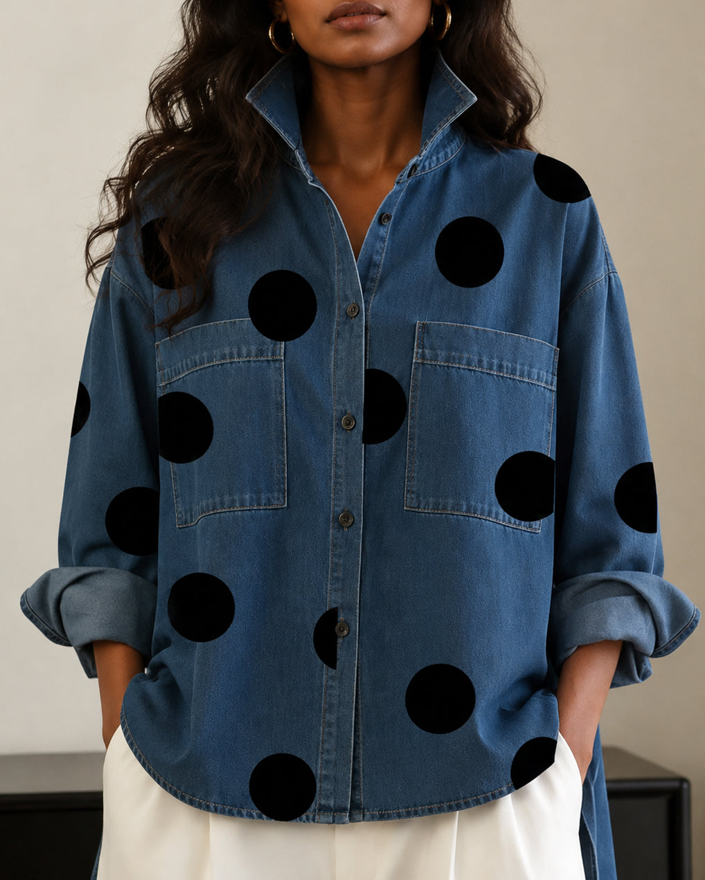 Oversized Polka Dot Denim Stand-up Collar Loose Irregular Shirt