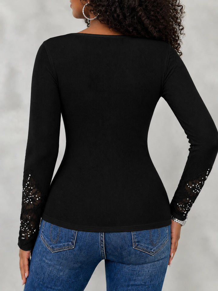 Women Lace V Neck Beaded Rhinestone Long Sleeve