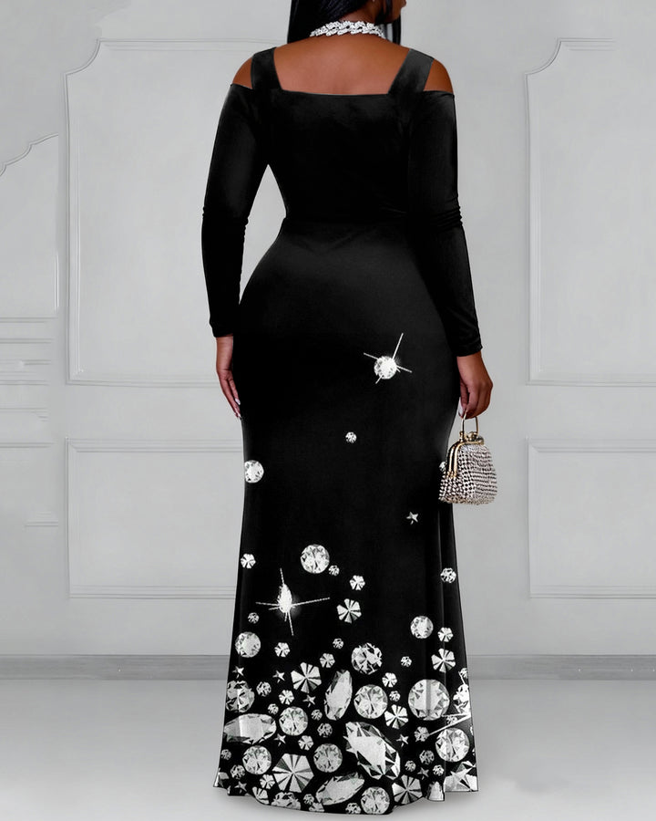 Cutout Off-shoulder V-neck Crystal Printing Long Sleeve Bodycon Party Dress