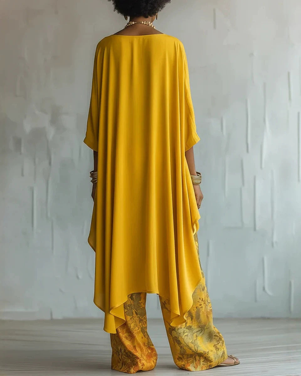 Irregular Long-sleeved Top and Wide-leg Pants Two-piece Set