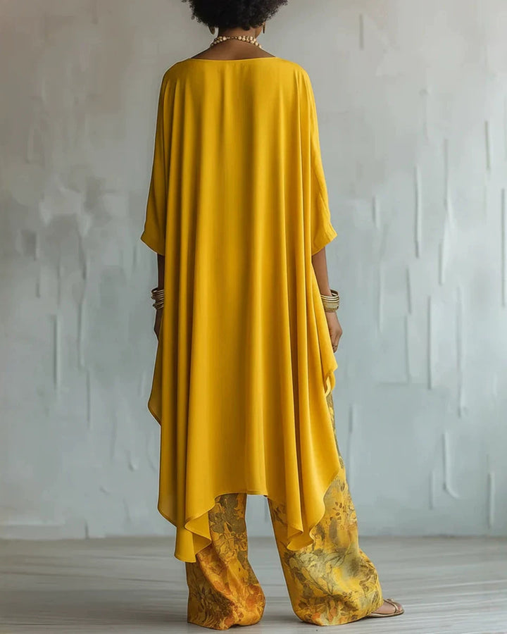 Irregular Long-sleeved Top and Wide-leg Pants Two-piece Set