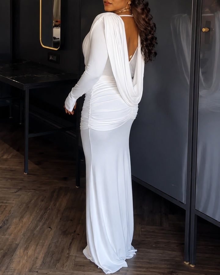 V-Neck Ruched Long Sleeve Waist-Cinched Mermaid Bodycon Maxi Dress