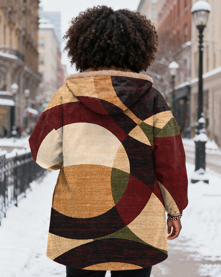 Color-blocked Wavy Stripes Long Sleeve Zip-Up Fleece Long Coat