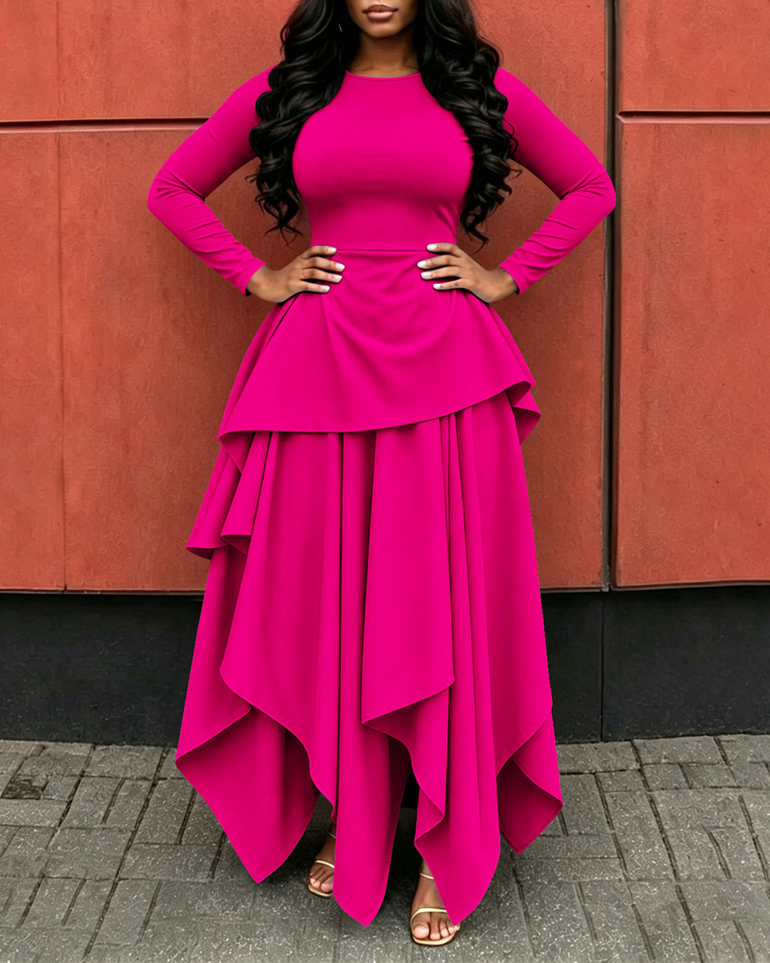 Elegant Long Sleeve Round Neck Layered Irregular Hem Maxi Dress