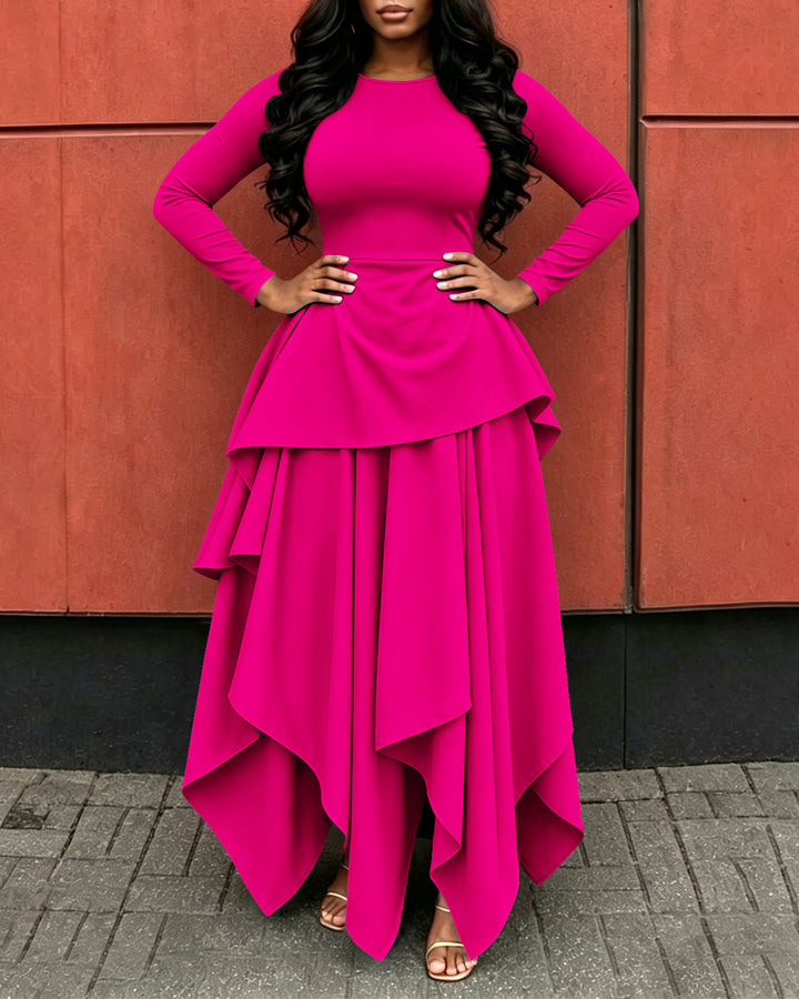 Elegant Long Sleeve Round Neck Layered Irregular Hem Maxi Dress