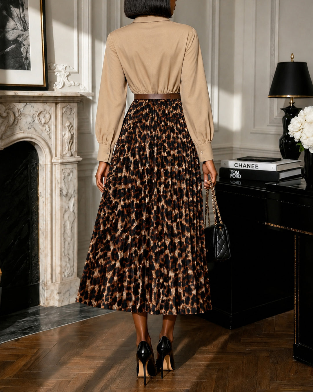 Leopard-print Long Sleeve Button Down Panel Pleated Midi Dress