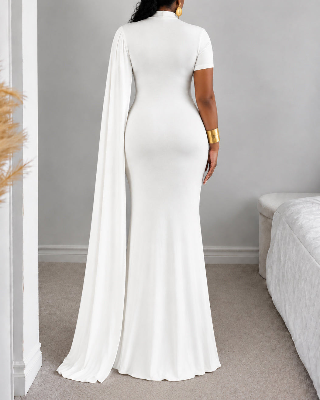 Mock Neck Cape Sleeve Ruched Evening Party Gown