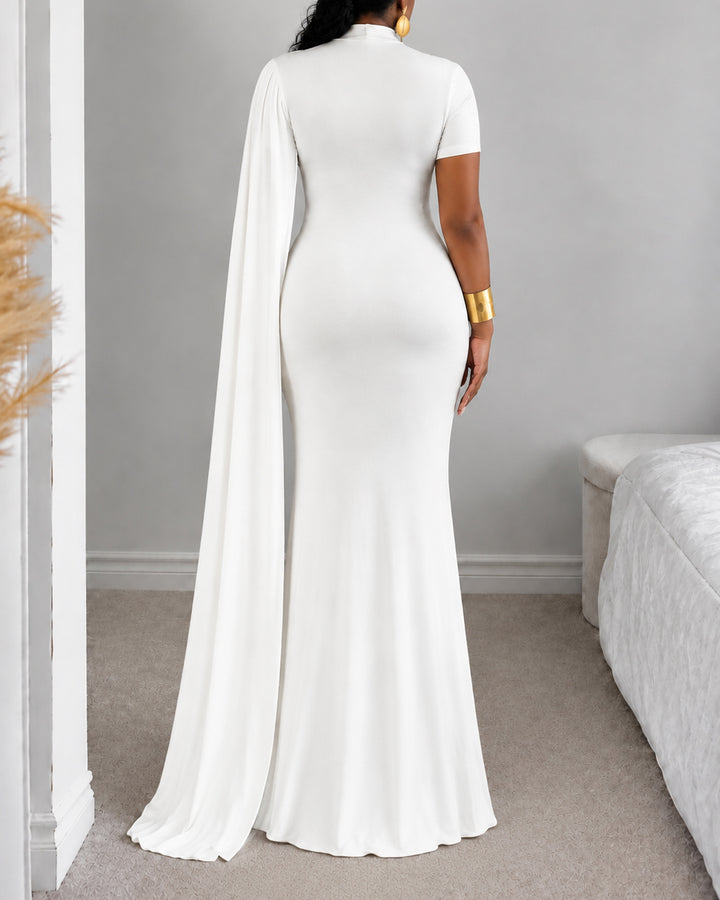 Mock Neck Cape Sleeve Ruched Evening Party Gown