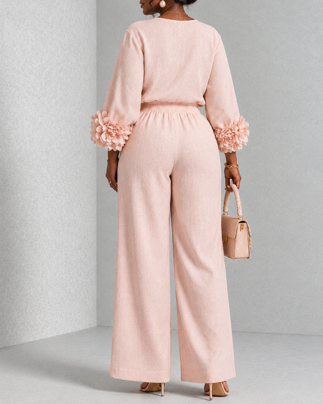 Women 3D Flower Cuff Top & Wide Leg Pants Matching Set Elegant 2 Piece Outfit