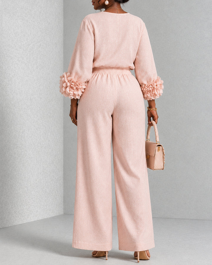 Women 3D Flower Cuff Top & Wide Leg Pants Matching Set Elegant 2 Piece Outfit