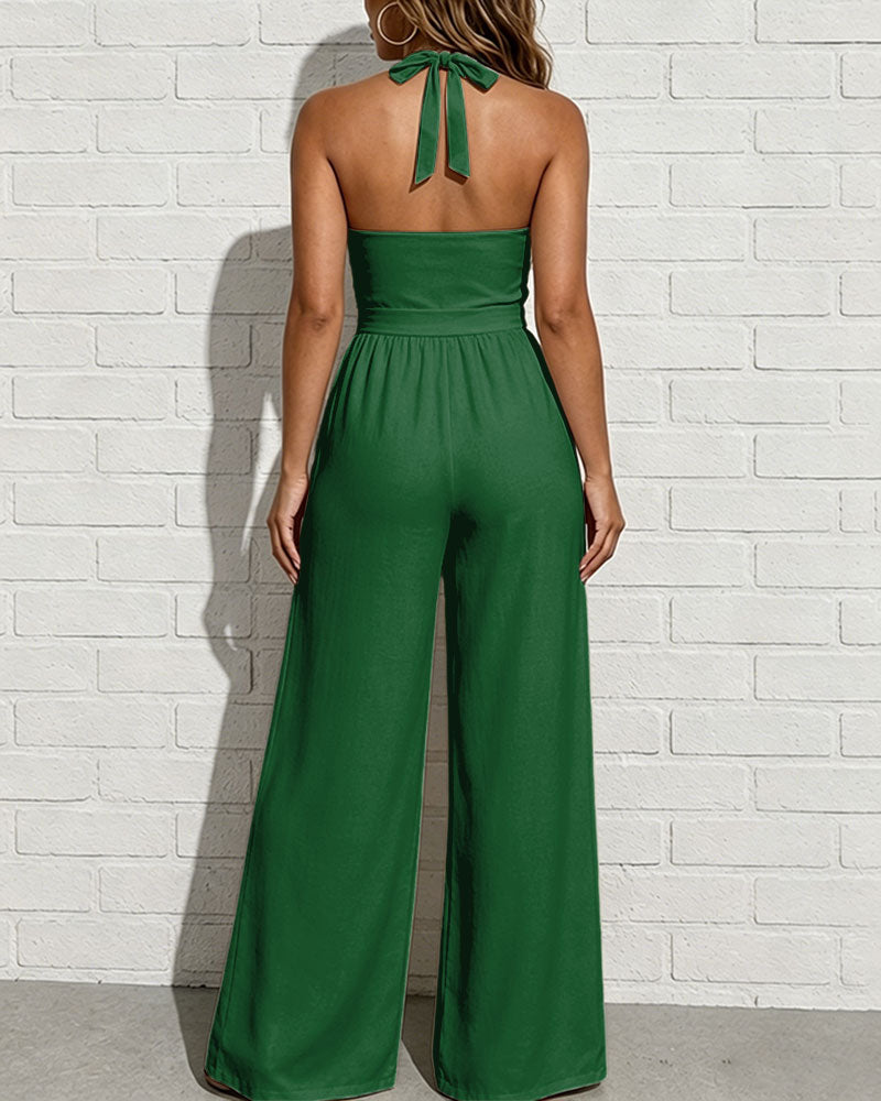 African Women's Graffiti Illustrations Halter Wide-Leg Jumpsuit
