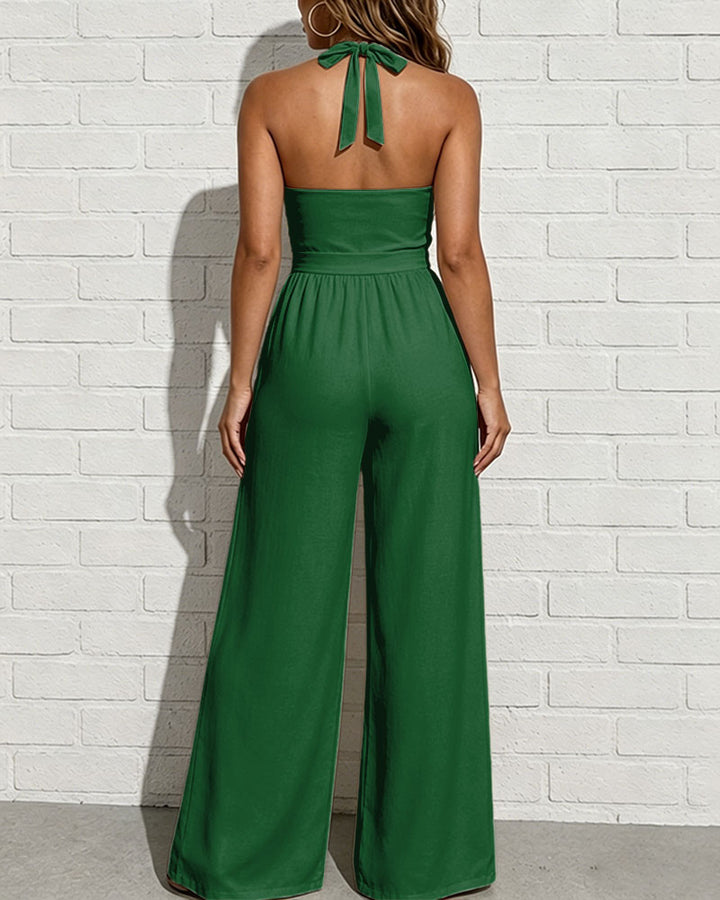 African Women's Graffiti Illustrations Halter Wide-Leg Jumpsuit