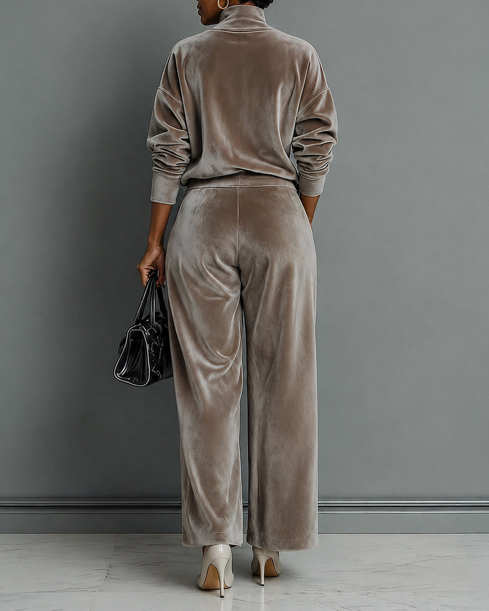 Elegant Turtleneck Velvet Top & Wide Leg Pants Two Piece Set