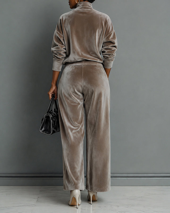 Elegant Turtleneck Velvet Top & Wide Leg Pants Two Piece Set