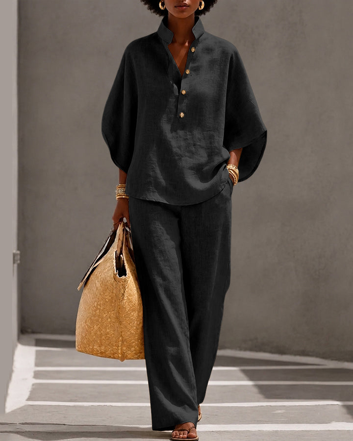 Linen Blend Solid Color Button-down Loose Top and Elastic Waist Pocket Casual Pants Set
