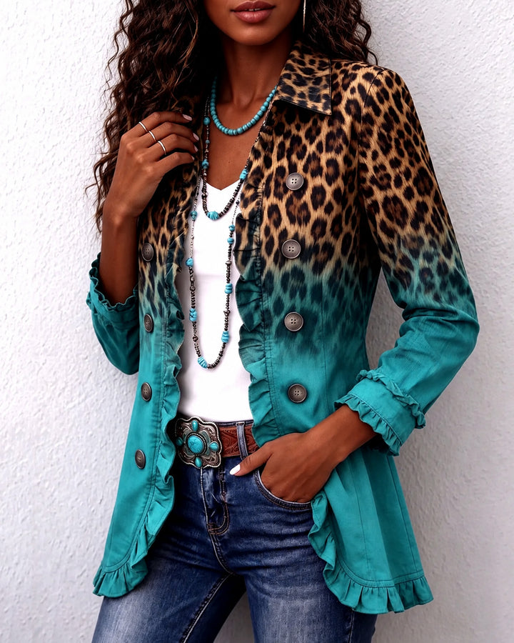 Boho Leopard & Teal Ruffle Blazer Jacket