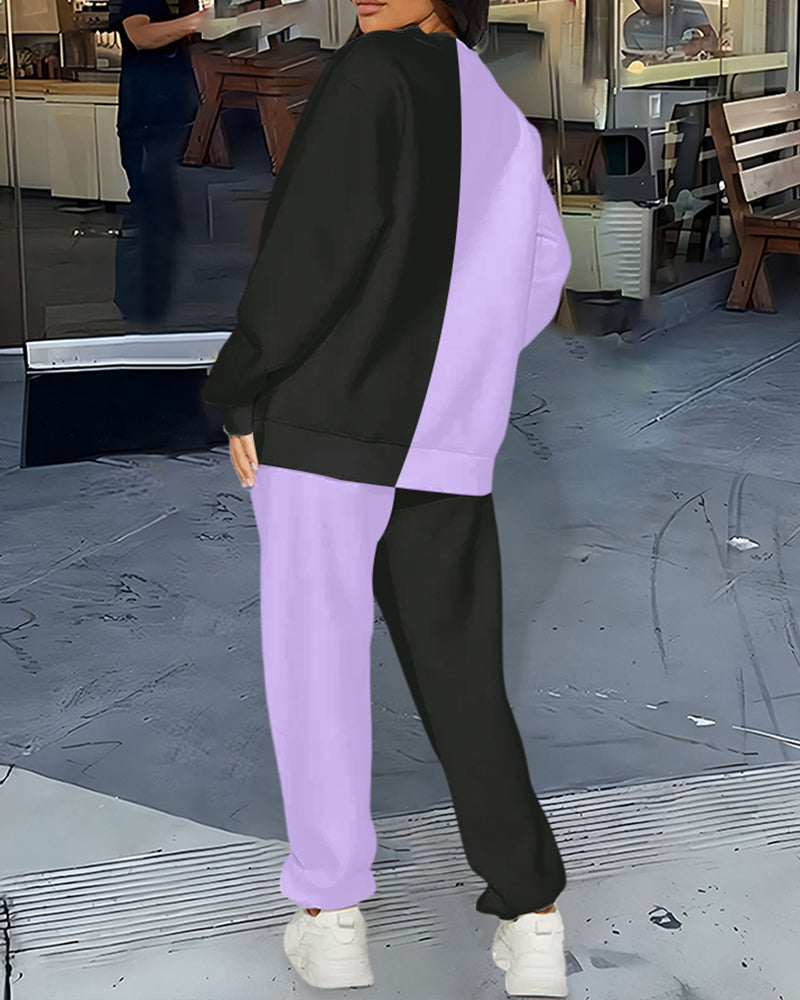 Color-blocked Butterflies and Stars Crew Neck Sweatshirt Two Pieces Set