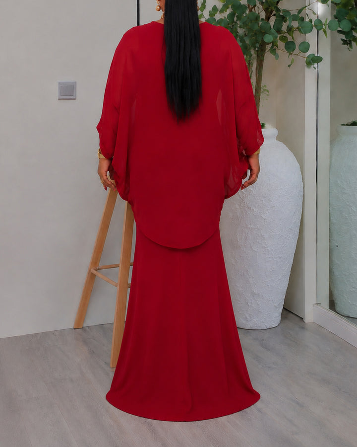 Gold Rhinestone Embroidered Cape Cloak Mermaid Evening Gown Maxi Dress