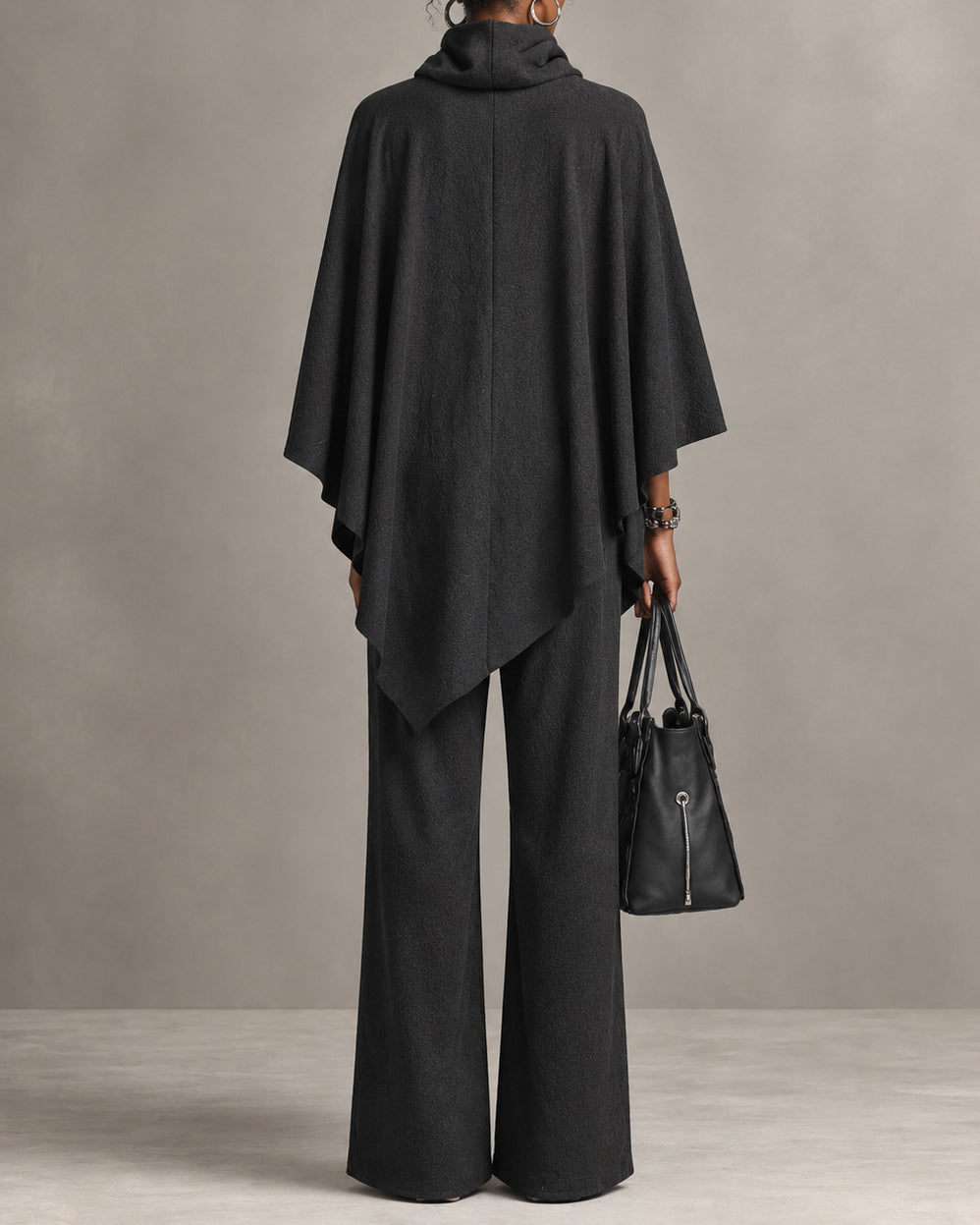 Cowl Neck Asymmetric Draped Poncho Top and Wide Leg Pants