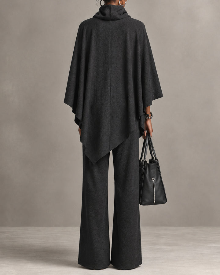 Cowl Neck Asymmetric Draped Poncho Top and Wide Leg Pants