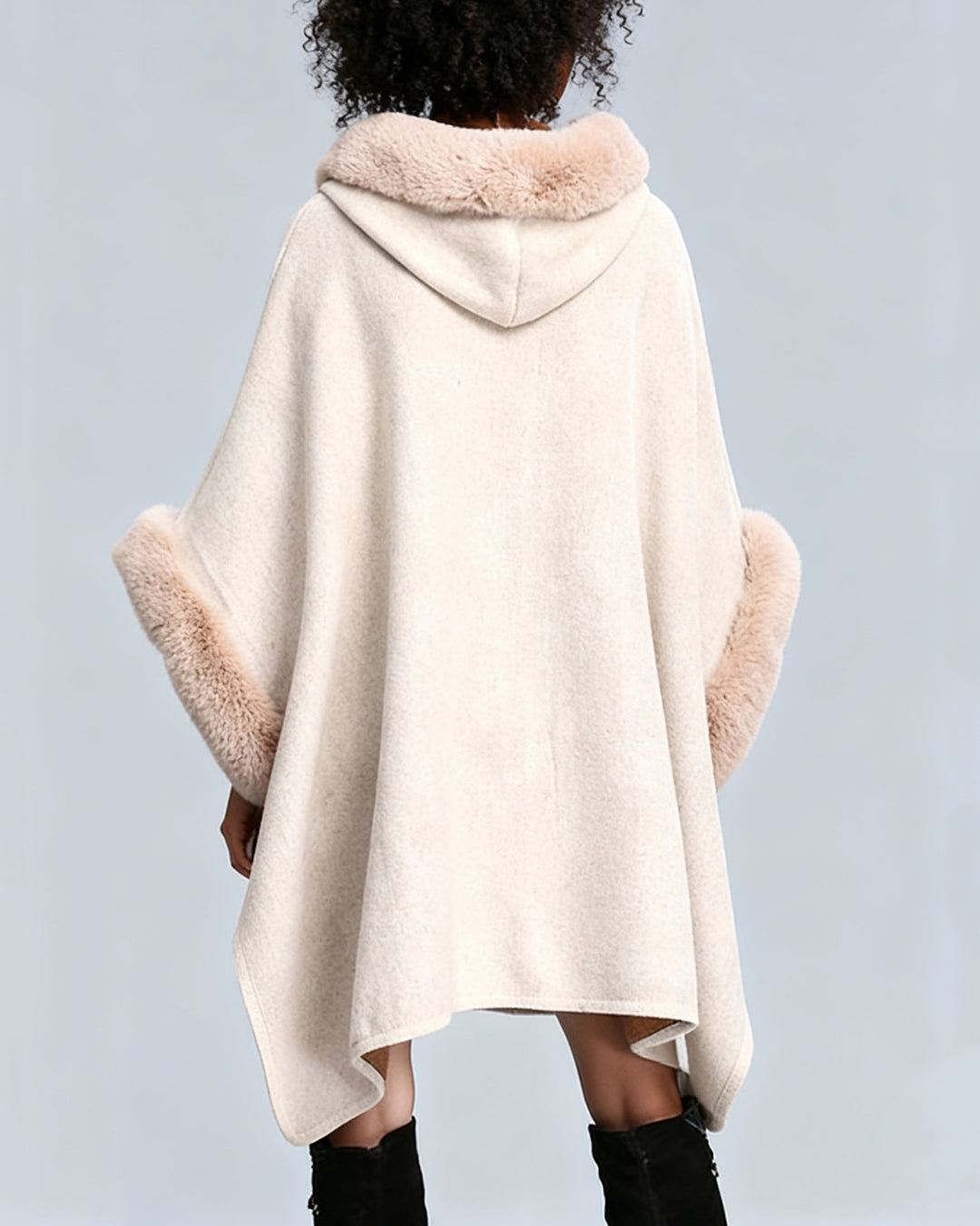 Imitation Rex Rabbit Fur Collar Hooded Shawl Poncho Large Size Woolen Coat