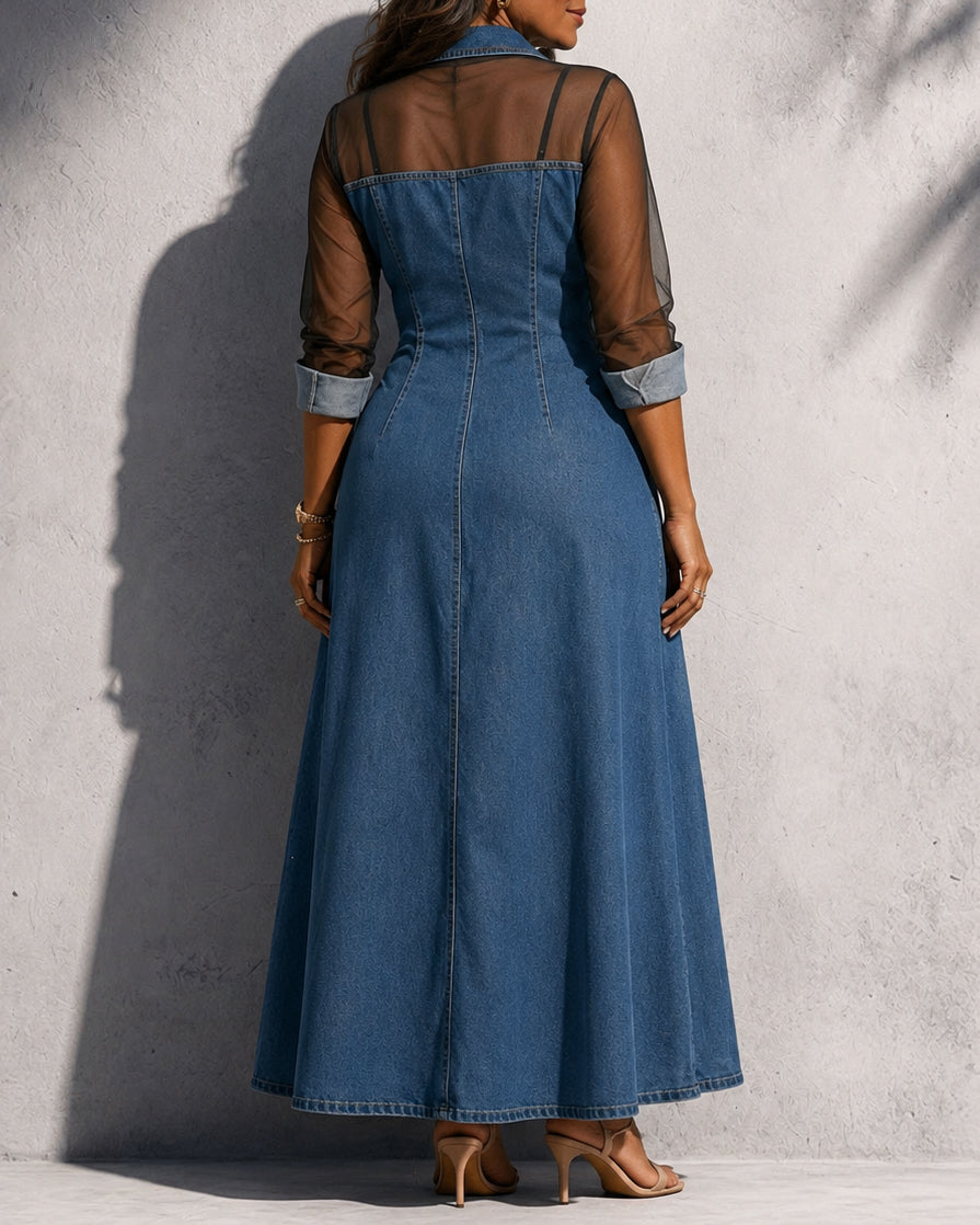 Collared Button-down Denim Mesh Casual Slit Dress