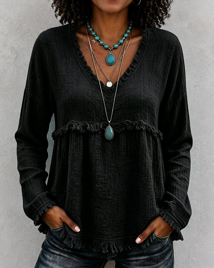 Boho Fringe V‑Neck Long Sleeve Crinkle Blouse