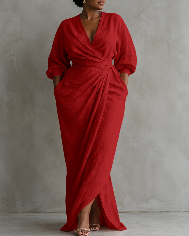 Linen Blend Loose V-neck Pleated Waist Casual Pocket Maxi Dress
