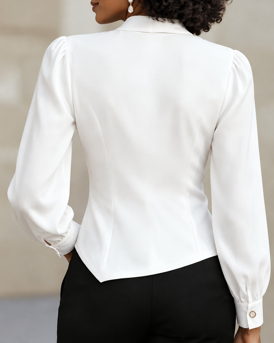 Women's Elegant Satin Draped Wrap V Neck Puff Long Sleeve Blouse