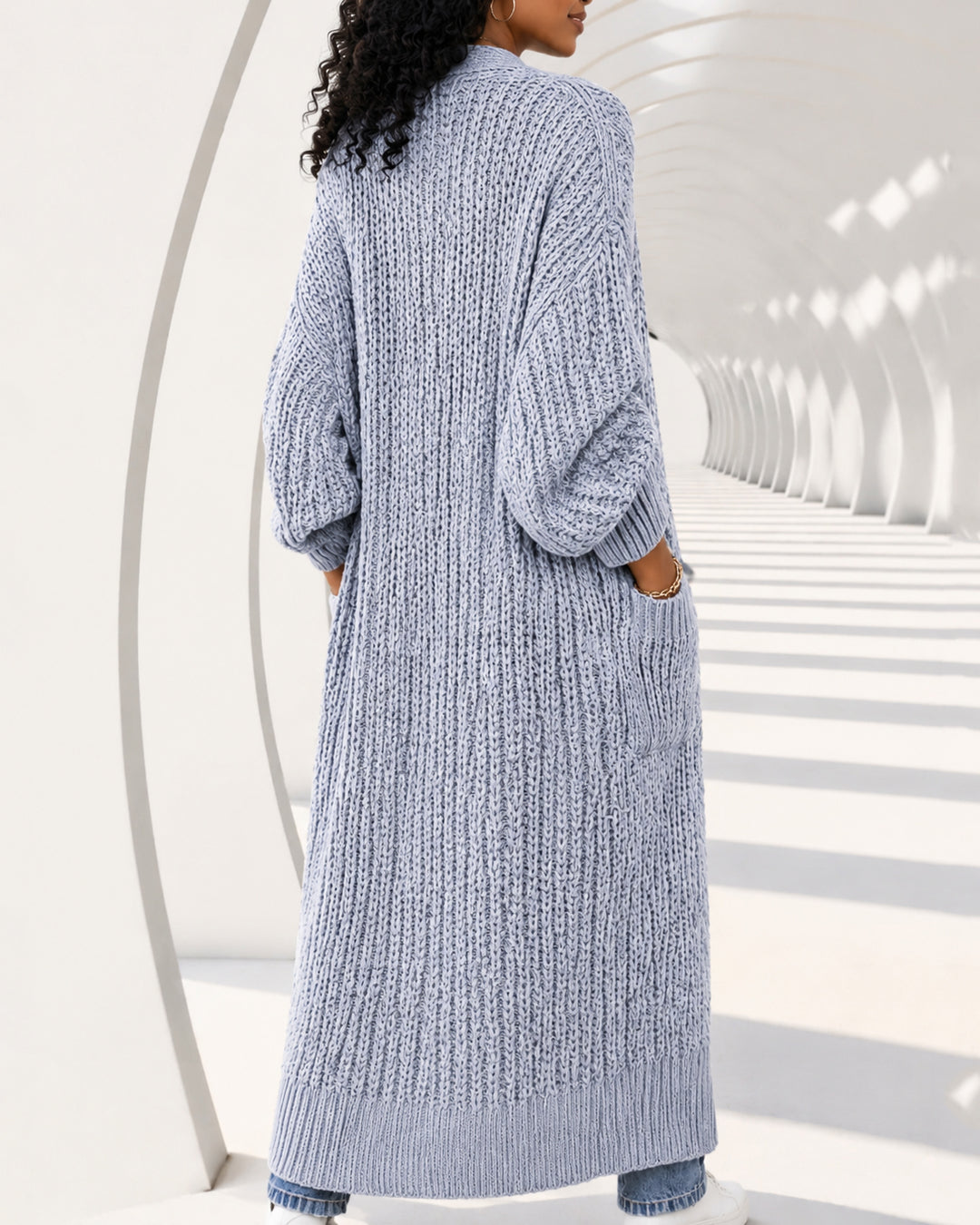 Women's Chunky Knit Open Front Oversized Lantern Sleeve Long Cardigan