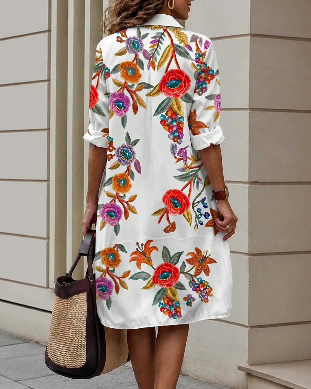 A-Line Half Sleeves Buttoned Contrast Color Flower Print Pockets Lapel Midi Dresses Shirt Dress
