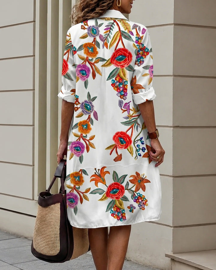 A-Line Half Sleeves Buttoned Contrast Color Flower Print Pockets Lapel Midi Dresses Shirt Dress