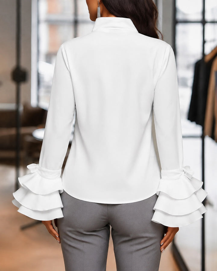 Stand Collar Ruffle Bow Cuff Long Sleeve Blouse