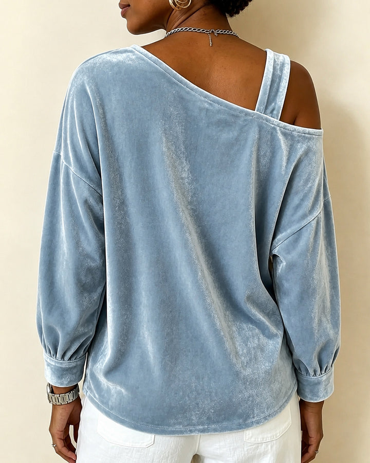 Off Shoulder Loose Velvet Top With Metal Buckle Straps