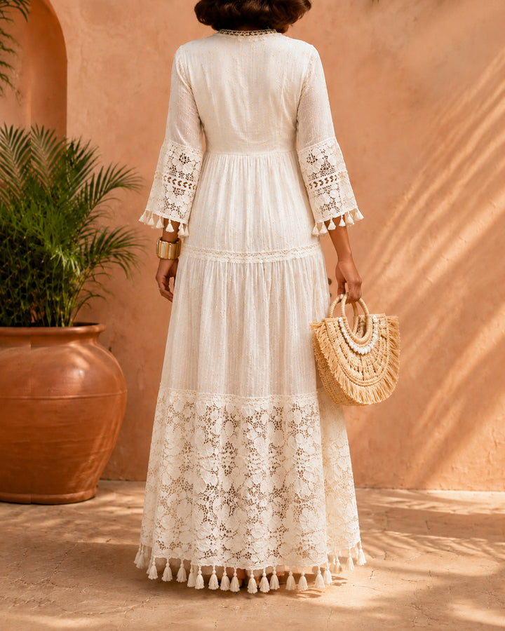 V‑Neck 3/4 Bell Sleeve Boho Lace Tassel Maxi Dress