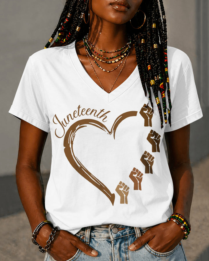 100% Cotton Juneteenth Heart 1865 Emancipation V Neck Short Sleeve Tshirt