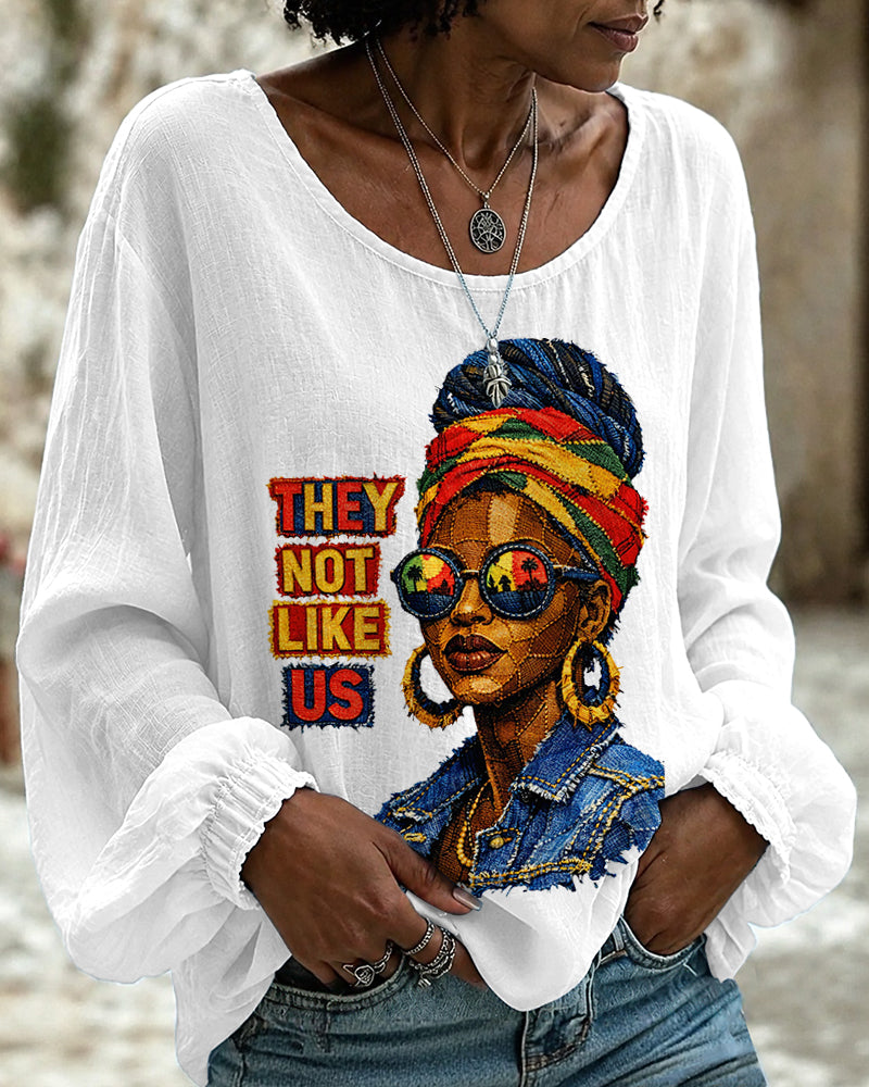 They Not Like Us Melanin Woman Print Round Neck Puff Sleeves Blouse
