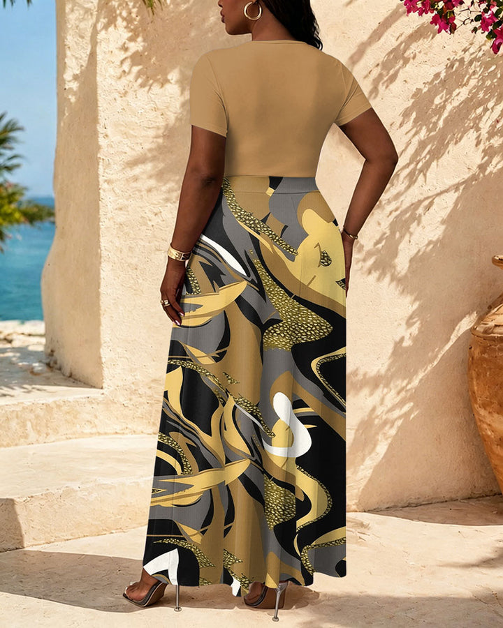 Abstract Geometric Stripe Print High-waisted Long Dress