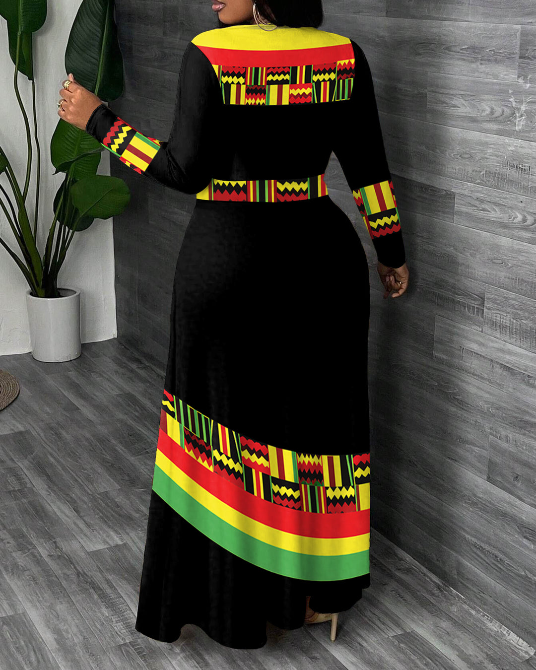 African Geometric Print Colorful Designer Crewneck Long Sleeve Pocket Dress