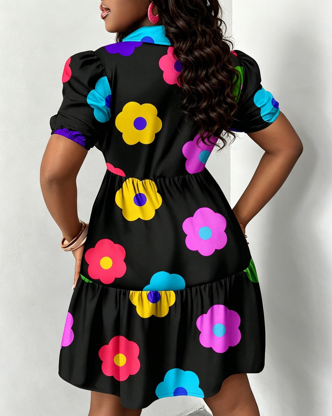 Summer Colorful Flowers Print Ruffle Lantern Sleeve Loose Dress