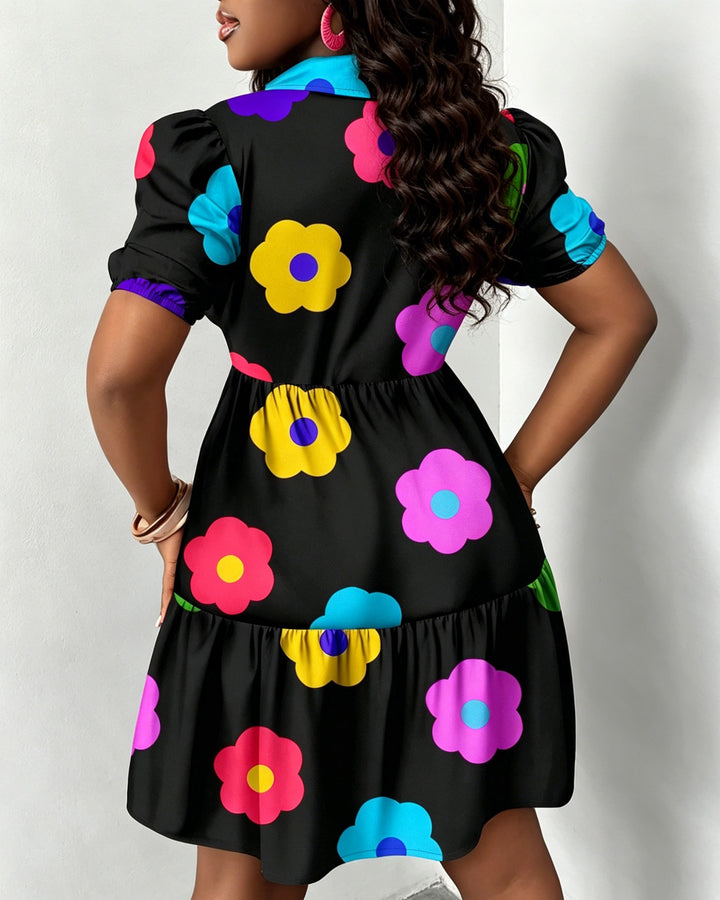Summer Colorful Flowers Print Ruffle Lantern Sleeve Loose Dress