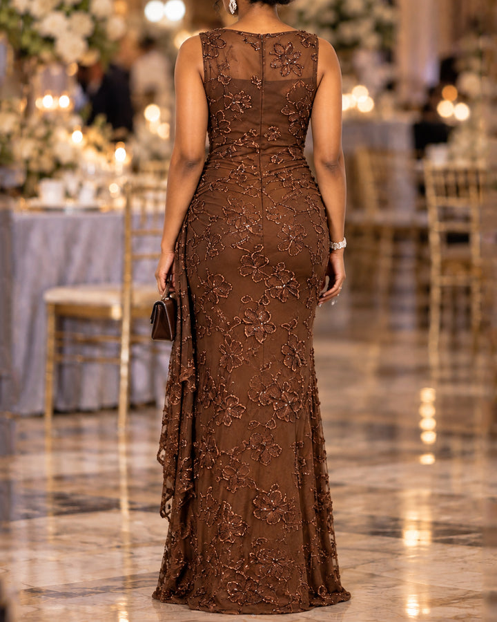 Women's Sleeveless Mesh Beaded Wrap Knot Waist Formal Mermaid Gown