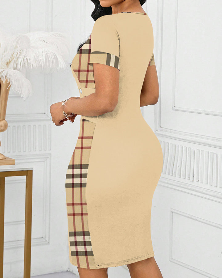 Classic Plaid Print Patchwork Crew Neck Short Sleeve Bodycon Midi Dress