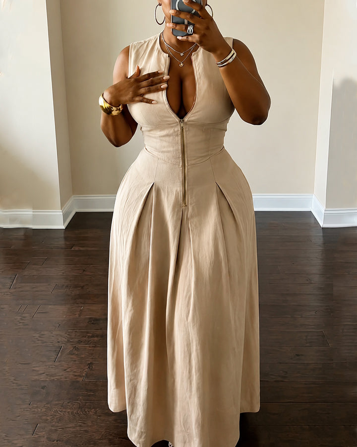 Round Neck Zipper High Waist Maxi Dresses
