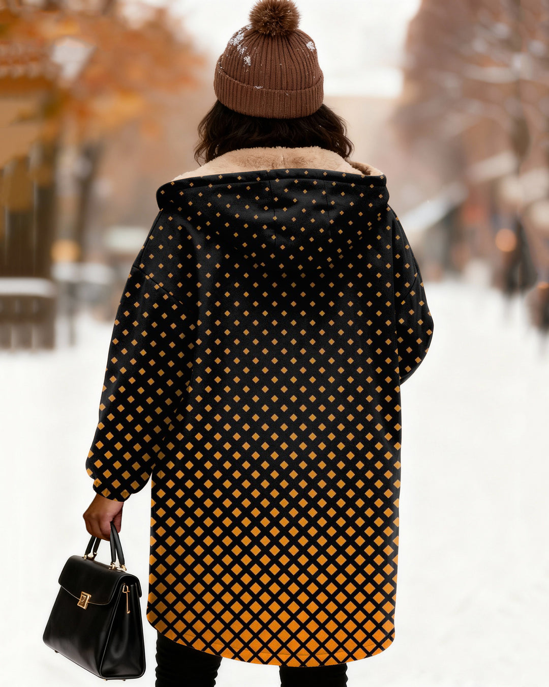 Orange Diamond Print Long Sleeve Zip-Up Fleece Long Hoodies