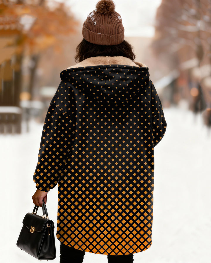 Orange Diamond Print Long Sleeve Zip-Up Fleece Long Hoodies
